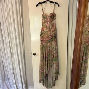 Oh Polly Pink and Green Floral High-Low Evening Dress
